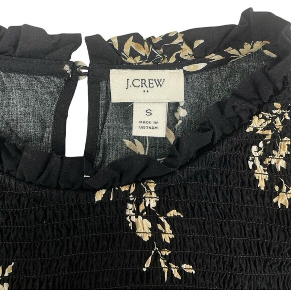 J Crew Smocked Ruffle Black Floral LS Flowy Top Career Cottage Peasant Hipster S - Picture 3 of 10
